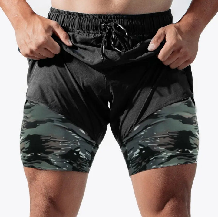 Ayu Men’s 2-in-1 Active Training Shorts – Stealth Black & Camo